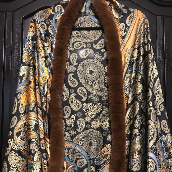 La Fiorentina brown blue Paisley rabbit fur scarf shawl poncho Made in Itlay - Picture 2 of 7
